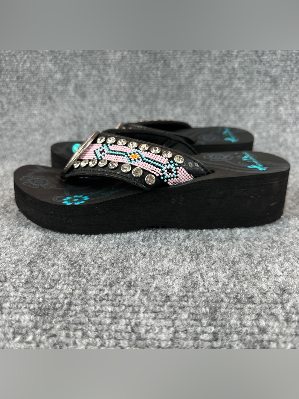 Montana West Beaded Western Wedge Flip Flops Women's Size 7 Black Turquoise - Picture 3 of 16